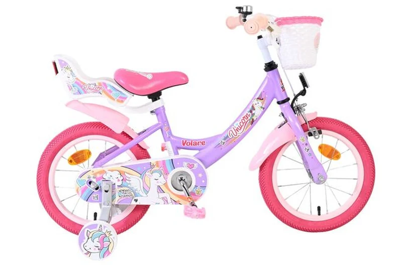 Volare Unicorn Kinderfahrrad für Mädchen 14 Zoll Lila mit Korb und abnehmbaren Stützrädern