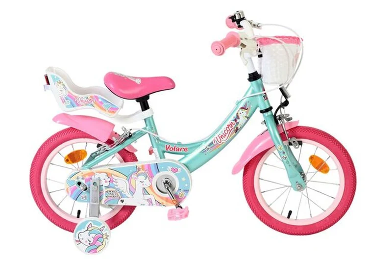 Volare Unicorn Kinderfahrrad Mädchen 14 Zoll Grün – zwei Handbremsen, Luftreifen und geschlossener Kettenkasten
