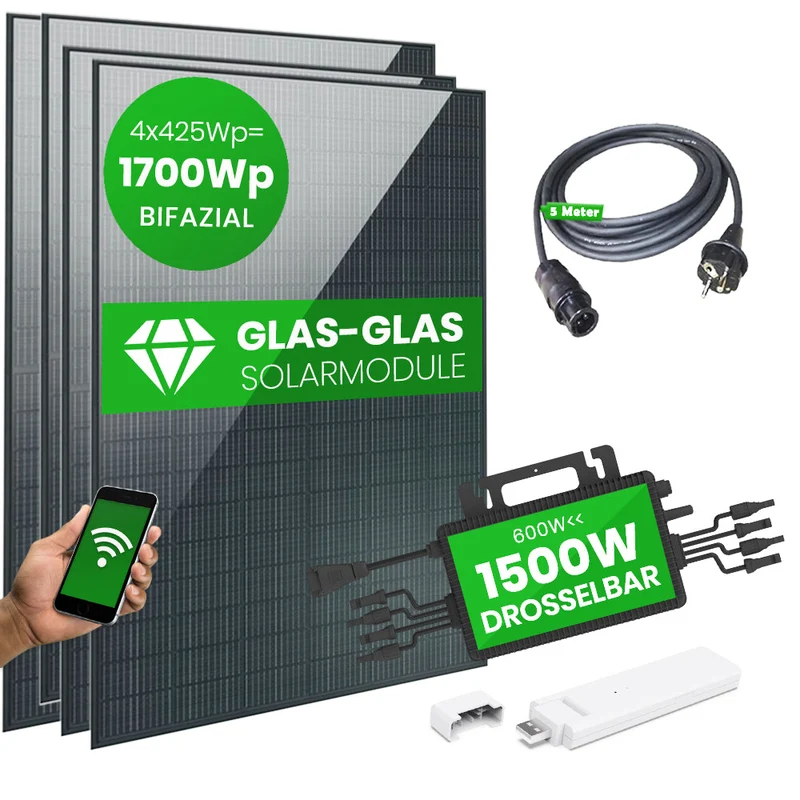 Set 61 - Balkonkraftwerk bifazial - 4x Solarmodule - 1500W + 5m Betteri Kabel