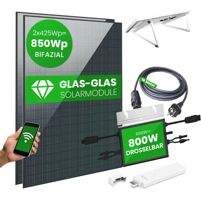 Set 60 - Balkonkraftwerk bifazial - 800W + 10m Betteri Kabel + Flachdach-Halterung