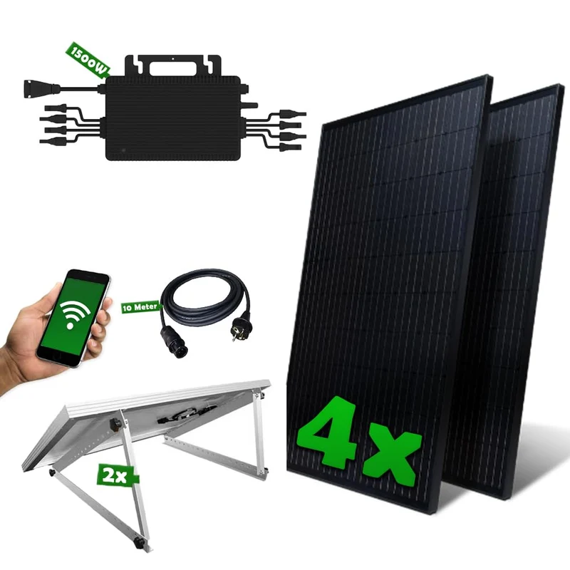 Set 54 - Balkonkraftwerk - 4x Solarmodule - 1500W Wechselrichter + 10m Betteri Kabel + 2x Flachdach-Halterung