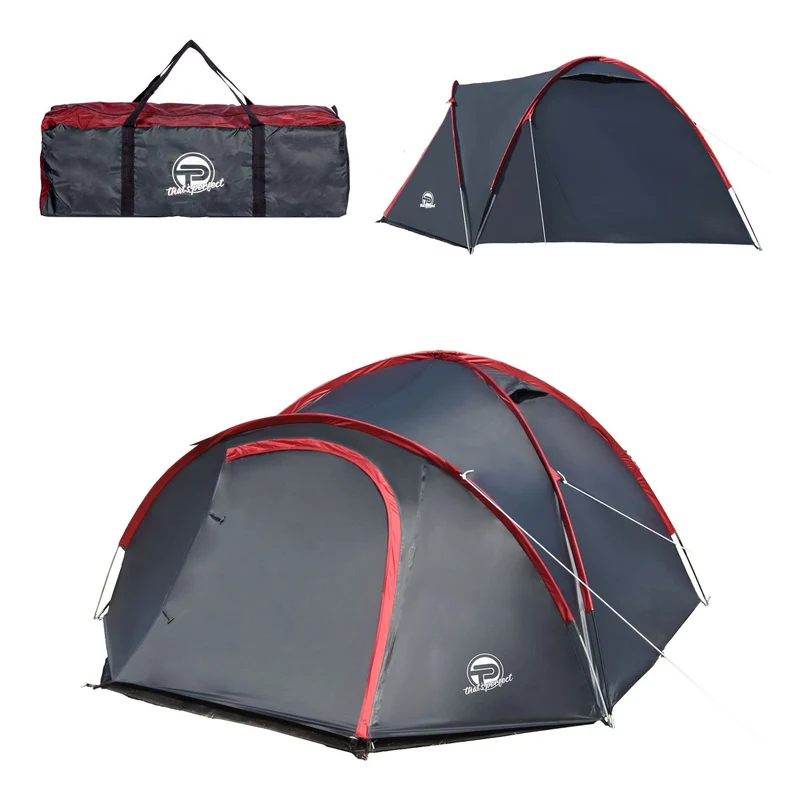 TP Campingzelt für 3-4 Personen, doppelwandig, wasserdicht, verdunkelter Innenraum inkl. Tasche Grau/Rot
