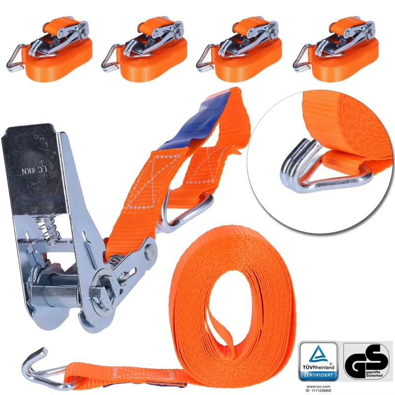 TP 4x Spanngurt, Zurrgurt zur Ladungssicherung 2- 25mm Gurtbreite, 0,8T (800 Kg) mit Spitzhaken - 6m