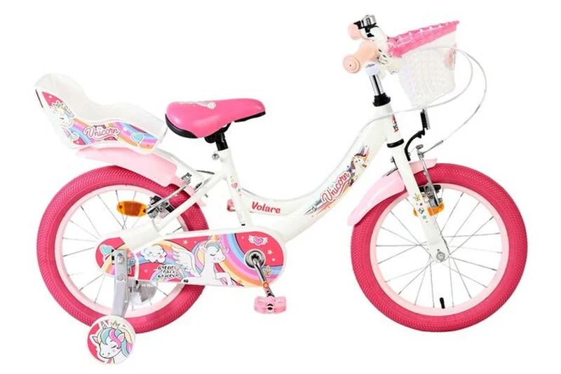 Volare Unicorn Kinderfahrrad Mädchen 16 Zoll Weiß mit Zwei Handbremsen und Zubehör