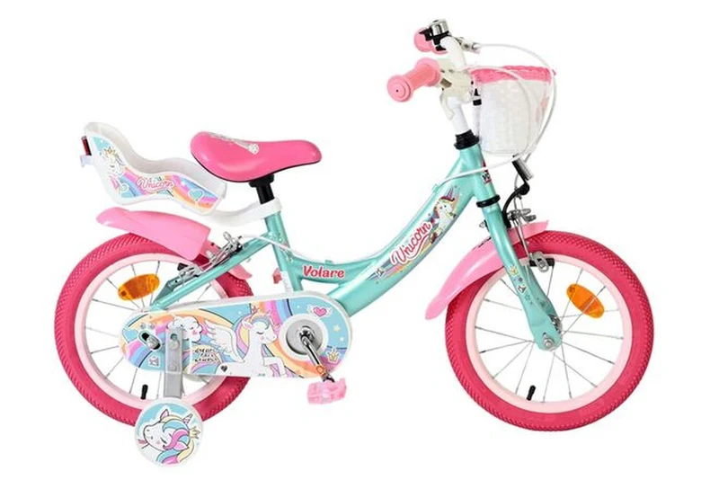 Volare Unicorn Kinderfahrrad 14 Zoll Grün mit zwei Handbremsen, Stützrädern, Einhorn- und Regenbogenmotiv