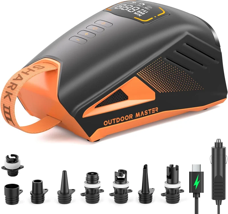 OutdoorMaster Shark 3 Elektrische SUP Pumpe mit Akku 74Wh – 3'50" Turbo-Aufpumpen, 20 PSI Akku-Luftpumpe für 4 Boards, Auto-Off, 12V/15,8V & USB-C, Schwarz