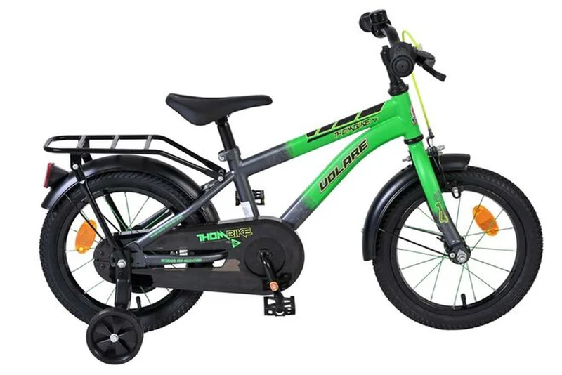 Volare Thombike Kinderfahrrad Jungen 14 Zoll Grün/Grau mit Stützrädern und Handbremse