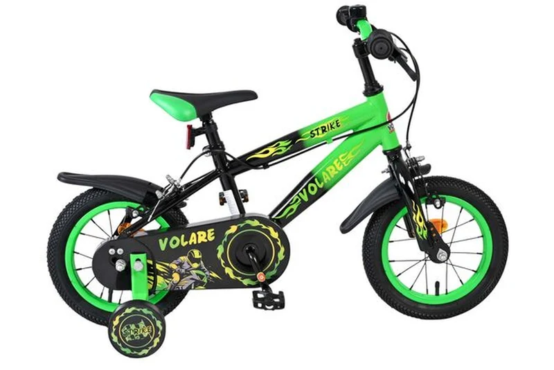 Volare Strike Kinderfahrrad Jungen 12 Zoll Schwarz Grün mit zwei Handbremsen und Stützrädern