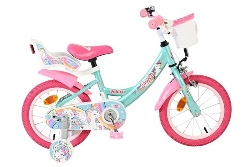 Volare Unicorn Kinderfahrrad Mädchen 14 Zoll Grün – Einhorn-Design, Handbremse & Rücktrittbremse
