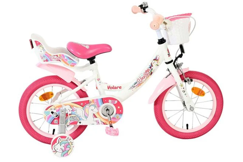 Volare Unicorn Kinderfahrrad 14 Zoll Weiß für Mädchen mit Korb, abnehmbaren Stützrädern, Hand- und Rücktrittbremse, verstellbarem Sattel & Lenker, Einhorn- und Regenbogenmotive, Alter 3,5–5 Jahre