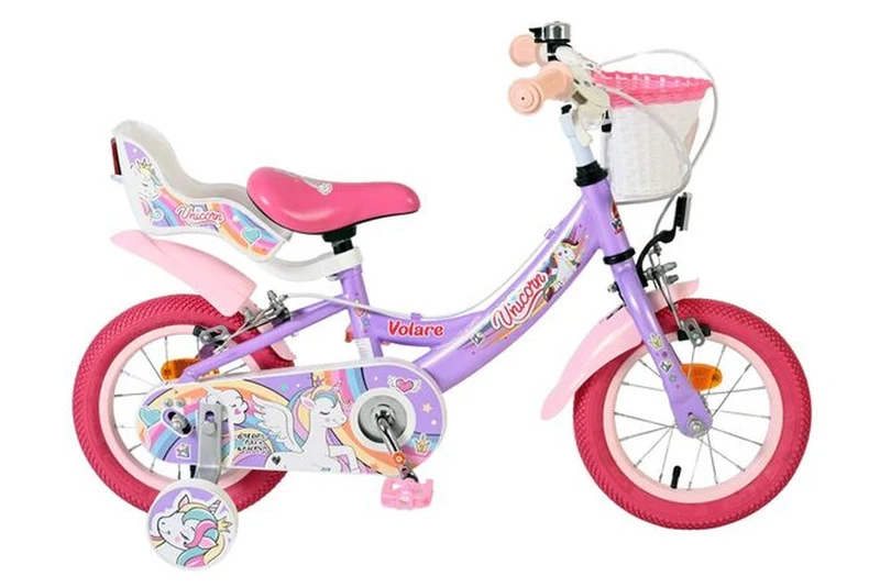 Volare Unicorn Kinderfahrrad 12 Zoll für Mädchen lila mit Korb und Puppensitz, zwei Handbremsen und abnehmbare Stützräder