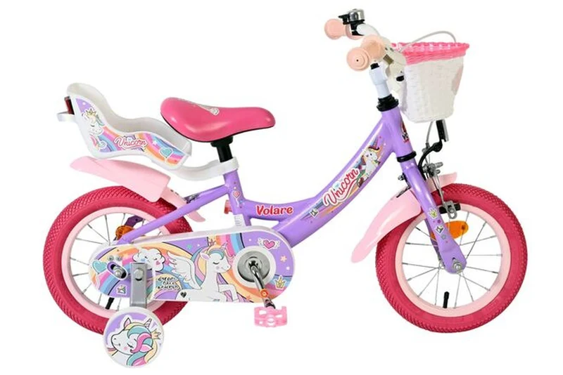 Volare Unicorn Kinderfahrrad Mädchen 12 Zoll – Lila mit Stützrädern, Hand- & Rücktrittbremse, Korb und Puppensitz