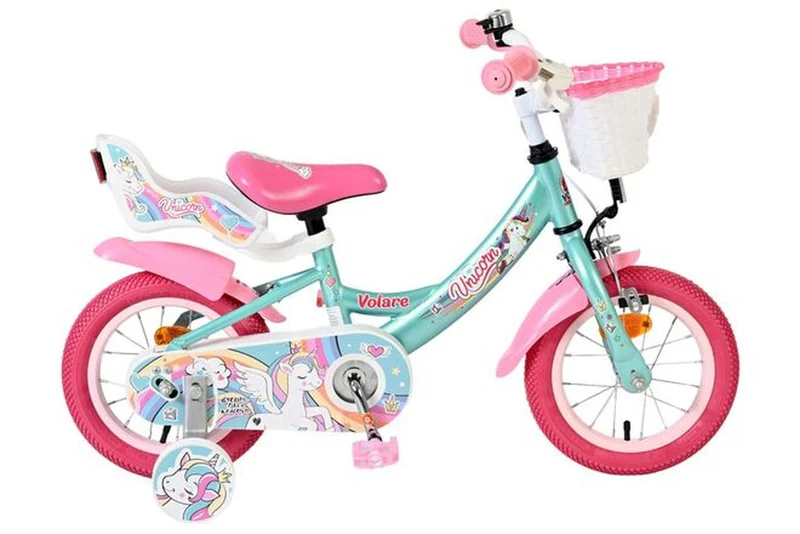 Volare Unicorn Kinderfahrrad – Mädchen – 12 Zoll – Grün – mit abnehmbaren Stützrädern, Korb & Puppensitz