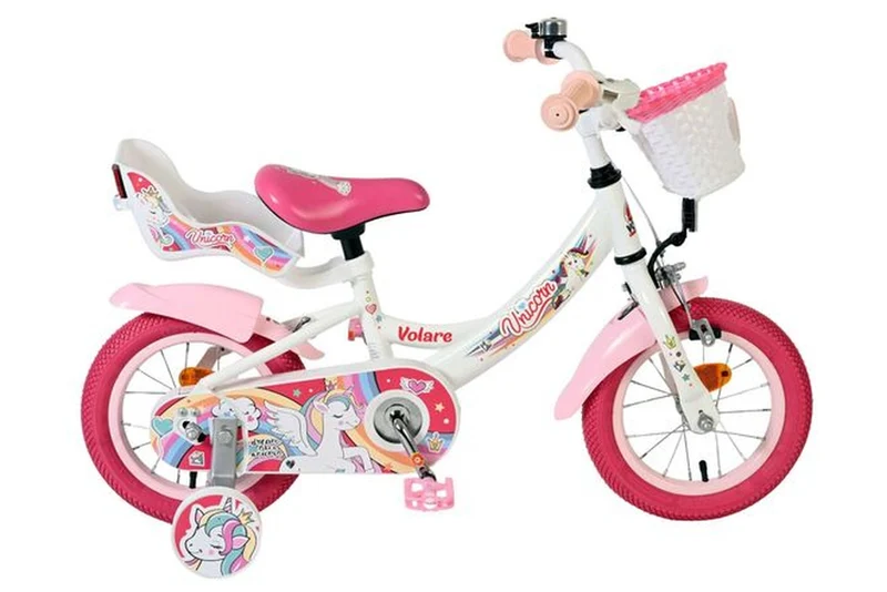 Volare Unicorn Kinderfahrrad – Mädchen – 12 Zoll – Weiß – mit Stützrädern, Korb, Puppensitz und Rücktrittbremse