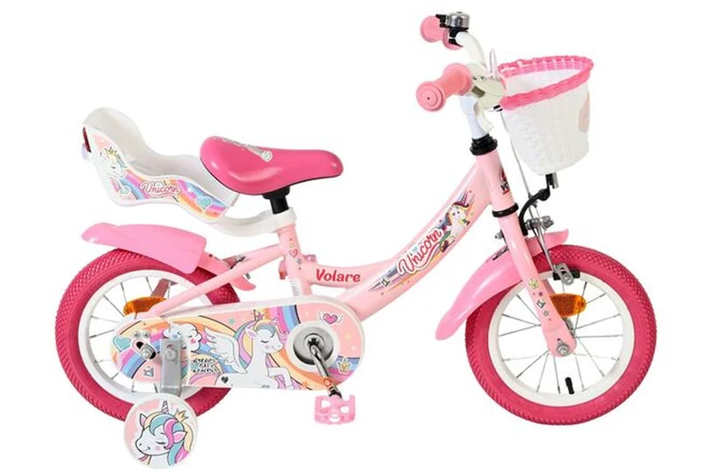 Volare Unicorn Kinderfahrrad – Mädchen – 12 Zoll – Rosa mit Einhorn-Design, höhenverstellbar