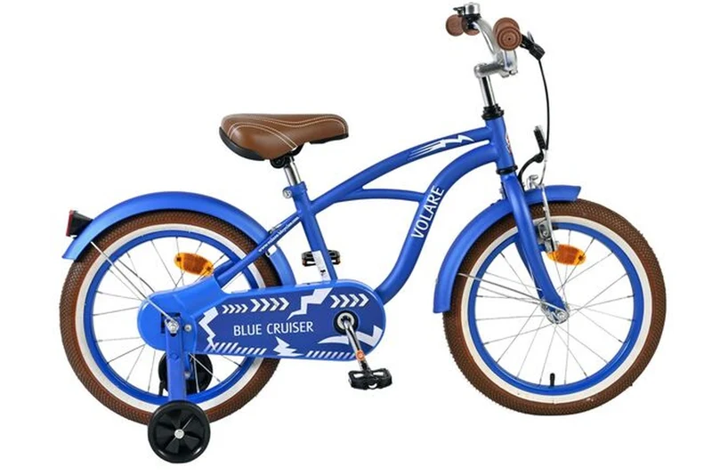 Volare Blue Cruiser Kinderfahrrad 16 Zoll Jungen mattblau mit Handbremse, Rücktrittbremse, abnehmbaren Stützrädern und geschlossenem Kettenschutz, höhenverstellbar