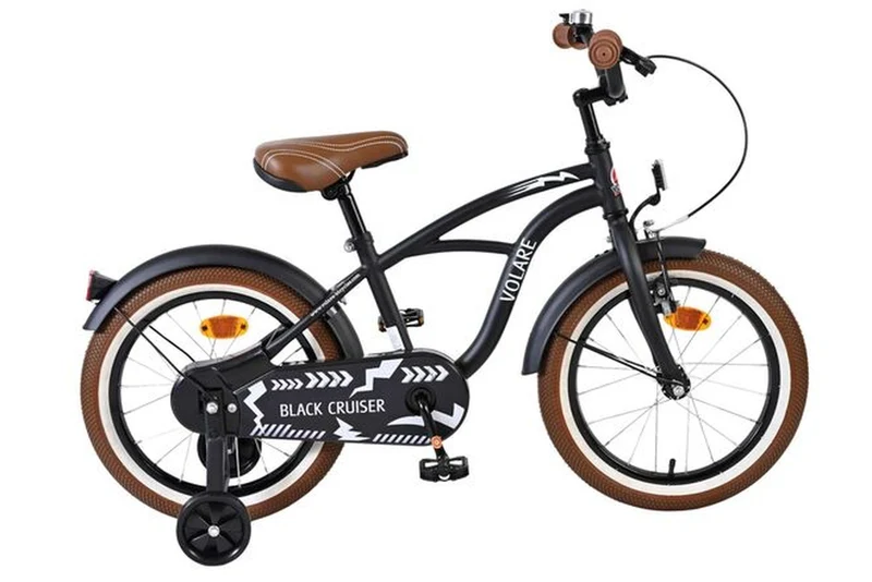 Volare Black Cruiser Kinderfahrrad 16 Zoll – Jungen, mattschwarz Cruiser-Design mit Luftreifen und abnehmbaren Stützrädern