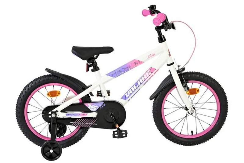 Volare Lily Kinderfahrrad 16 Zoll für Mädchen – Weiß mit Rosa & Lila Akzenten, abnehmbare Stützräder, Rücktritt- und Handbremse, höhenverstellbar