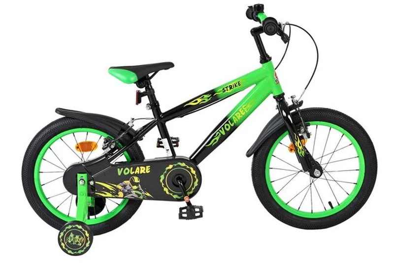 Volare Strike 16 Zoll Kinderfahrrad Jungen – Schwarz-Grün, zwei Handbremsen, 85% vormontiert