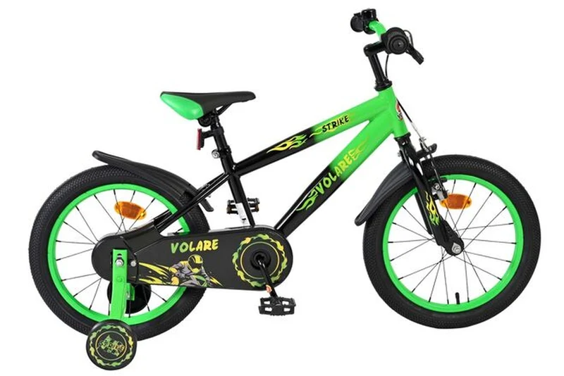 Volare Strike Kinderfahrrad - Jungen - 16 Zoll - Schwarz Grün - Rücktritt- & Handbremse, abnehmbare Stützräder
