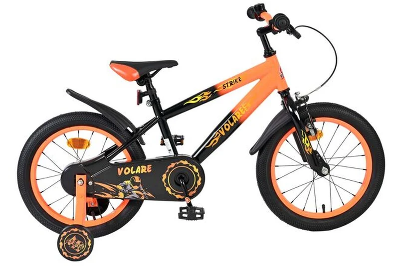 Volare Strike Kinderfahrrad Jungen 16 Zoll Schwarz-Orange mit Handbremse und Rücktrittbremse, abnehmbare Stützräder und geschlossener Kettenschutz