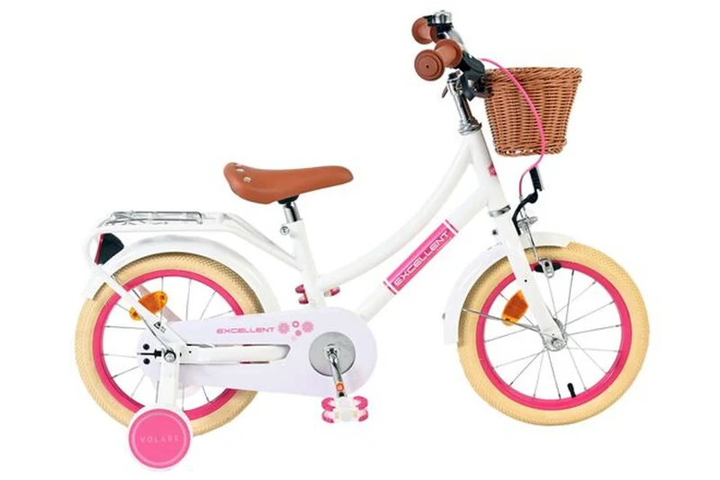 Volare Excellent Kinderfahrrad Mädchen 14 Zoll Weiß mit Hand- und Rücktrittbremse, abnehmbaren Stützrädern und Weidenkorb