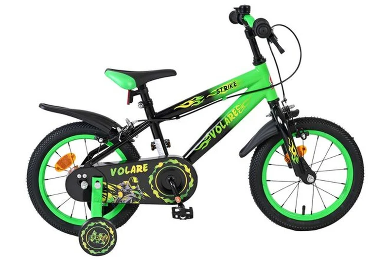 Volare Strike 14 Zoll Kinderfahrrad für Jungen – Schwarz-Grün, zwei Handbremsen und abnehmbare Stützräder