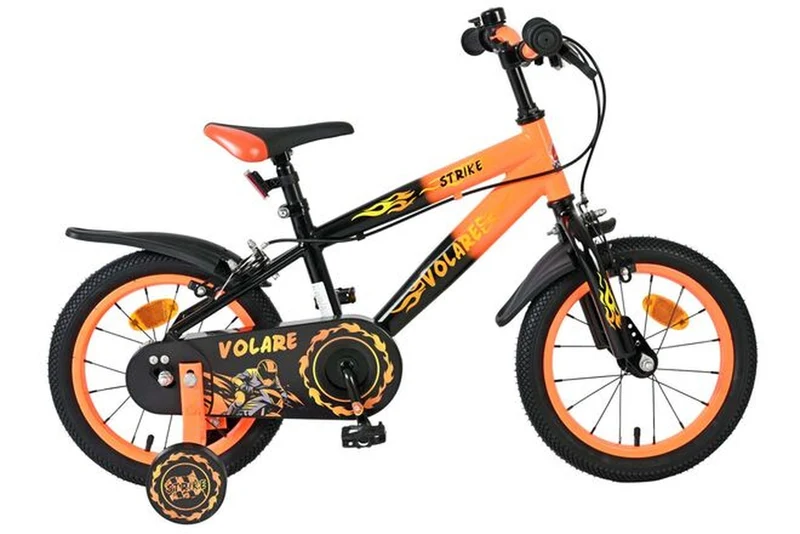 Volare Strike 14 Zoll Kinderfahrrad für Jungen – Schwarz-Orange, zwei Handbremsen, abnehmbare Stützräder, höhenverstellbar