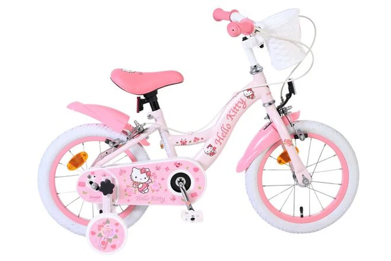Volare Hello Kitty Kinderfahrrad Mädchen 14 Zoll Rosa mit zwei Handbremsen, Stützrädern und Korb