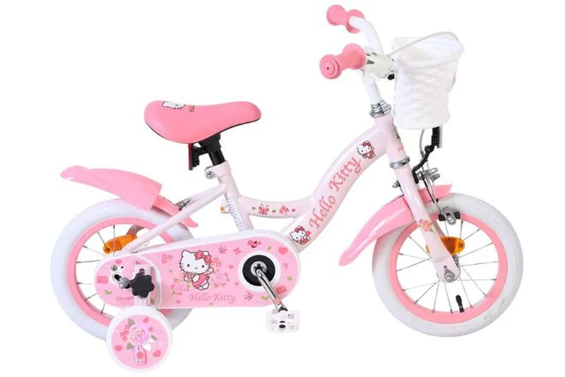Volare Hello Kitty Kinderfahrrad 12 Zoll für Mädchen in Rosa mit Stützrädern und Korb