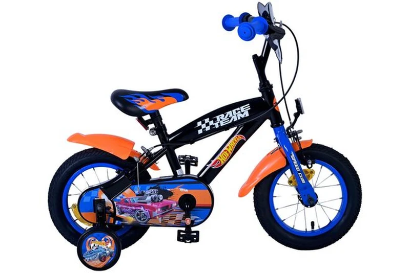 Volare Hot Wheels Kinderfahrrad Jungen 12 Zoll Schwarz Orange Blau mit zwei Handbremsen