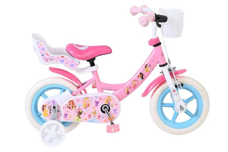 Volare Disney Prinzessinnen Kinderfahrrad 12 Zoll für Mädchen mit Mag-Felgen, Stützrädern und Puppensitz