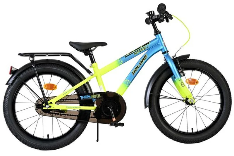 Volare Thombike Kinderfahrrad – Jungen – 18 Zoll – Blau-Gelb – Geschlossener Kettenschutz, Rücktritt- & Handbremse, höhenverstellbar, Luftreifen, Aluminiumfelgen