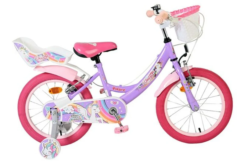 Volare Unicorn Kinderfahrrad Mädchen 16 Zoll Lila mit Einhorn-Design und zwei Handbremsen