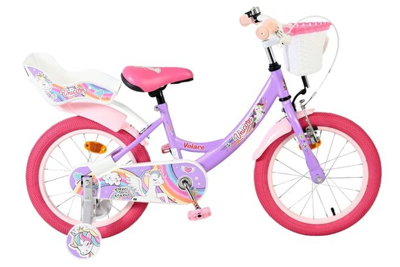 Volare Unicorn Kinderfahrrad – Mädchen – 16 Zoll – Lila mit Korb & abnehmbaren Stützrädern