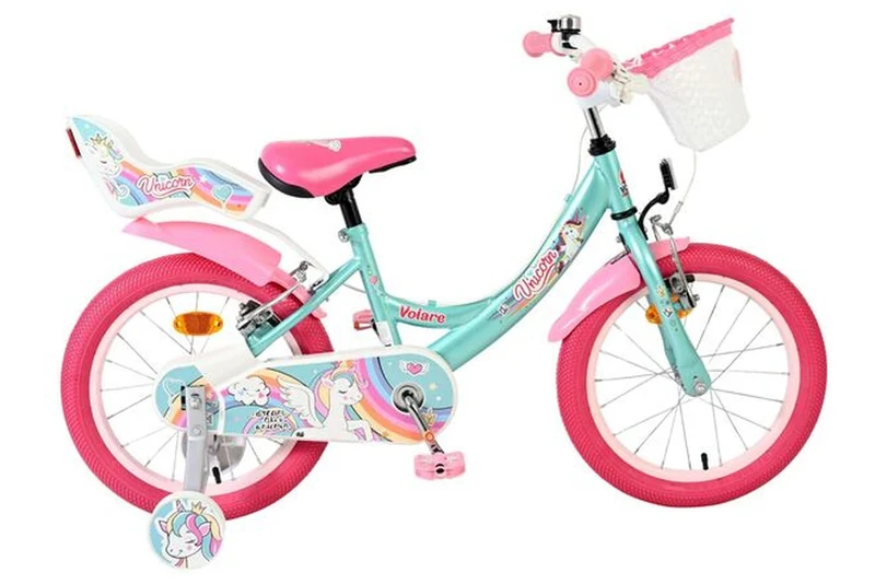 Volare Unicorn 16 Zoll Kinderfahrrad für Mädchen Grün mit zwei Handbremsen, Korb & Puppensitz