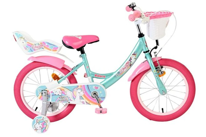 Volare Unicorn Kinderfahrrad – Mädchen – 16 Zoll – Grün – mit abnehmbaren Stützrädern, Korb und Puppensitz, Rücktritt- und Handbremse, verstellbar, 4–6 Jahre