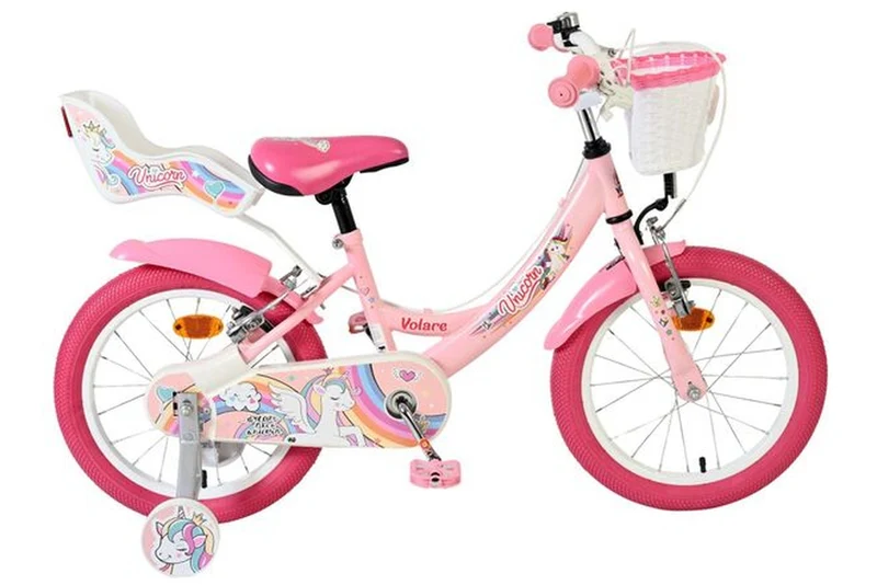 Volare Unicorn Kinderfahrrad – Mädchen 16 Zoll Rosa, zwei Handbremsen, abnehmbare Stützräder, Korb & Puppensitz, geschlossener Kettenschutz, Reflektoren, Klingel