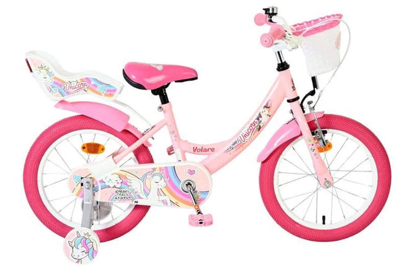 Volare Unicorn Kinderfahrrad – Mädchen – 16 Zoll – Rosa – Korb, Puppensitz, abnehmbare Stützräder, Rücktritt- & Handbremse, geschlossener Kettenschutz