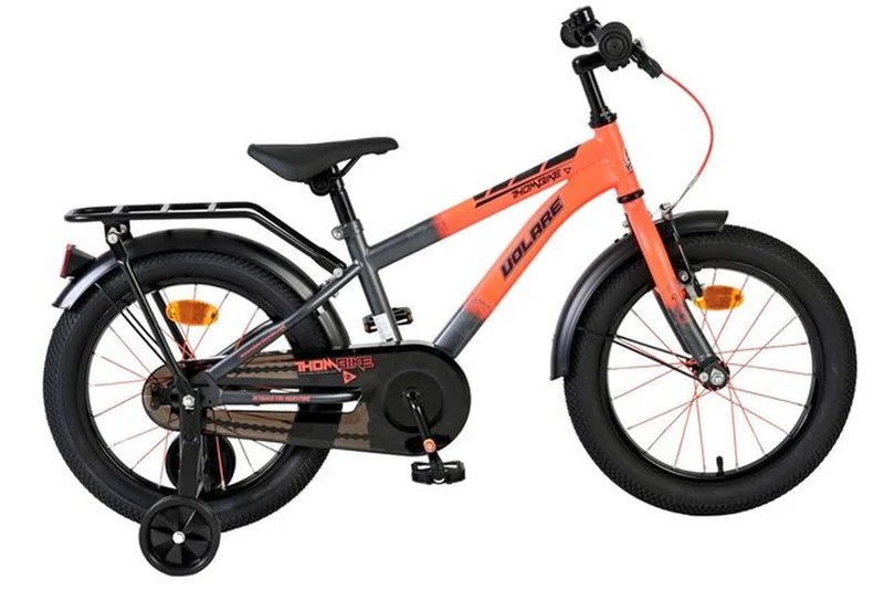 Volare Thombike Kinderfahrrad 16 Zoll Jungen – Orange-Grau mit Kettenschutz und abnehmbaren Stützrädern