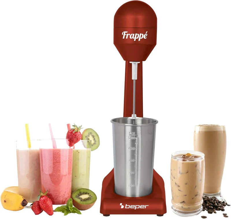 BEPER BP.690 Elektrischer Milchshaker 100W – Drink Mixer mit 500ml Edelstahlbecher – Shaker für Milchshakes, Cocktails & Frappés – Rot