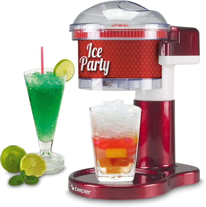 BEPER P102GEL100 Elektrischer Eiscrusher 30W – Eismaschine für Slush Ice, Granita & Cocktails – Edelstahlklingen & Sicherheitsverschluss – Rot
