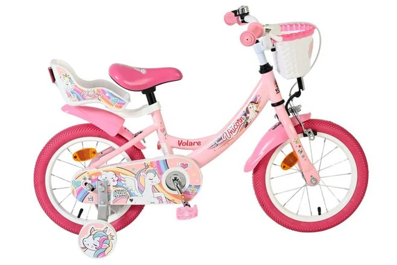 Volare Unicorn Kinderfahrrad Mädchen 14 Zoll Rosa – Einhorn-Design mit Korb, abnehmbaren Stützrädern und Reflektoren
