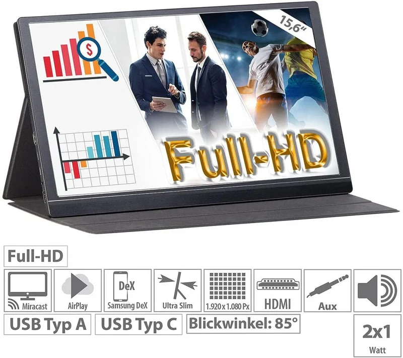 auvisio EZM-210 (ZX-5076-675) + WLAN-Stick Tragbarer Monitor Mobiler Full-HD-IPS-Monitor, 39,6 cm 15.6"