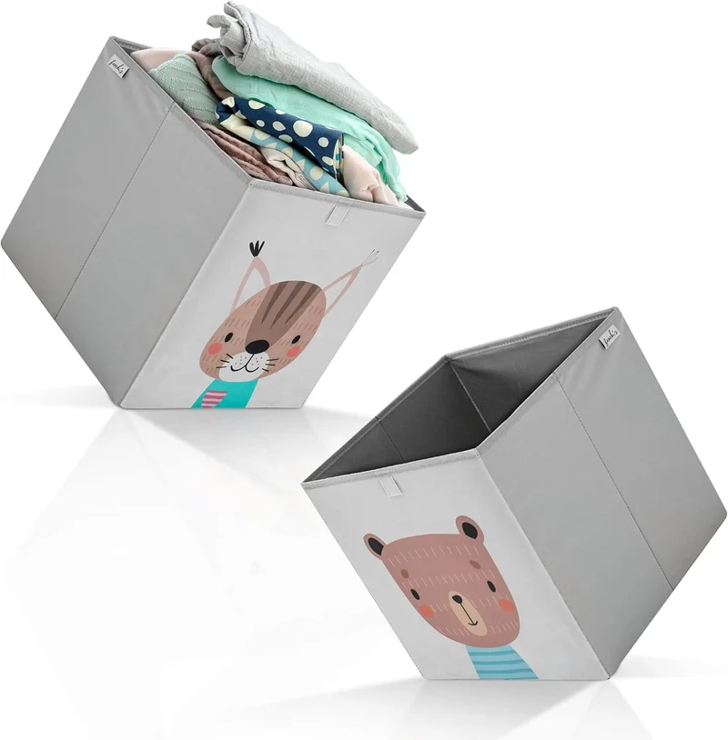 fenchi’s AUSTRIA Aufbewahrungsboxen 2er Set – 33x33x33 cm – Kallax kompatibel – stabile Faltboxen für Kinderzimmer (Bär & Katze)