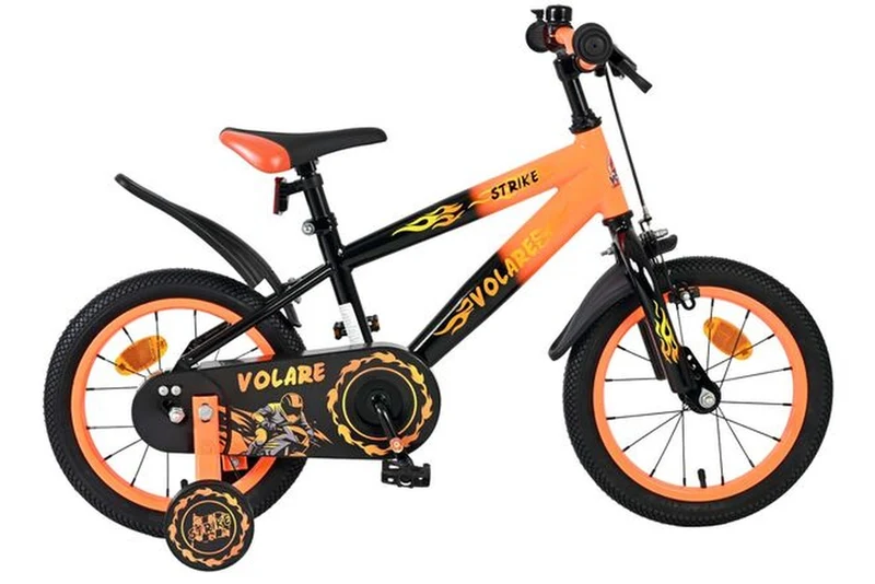 Volare Strike 14 Zoll Kinderfahrrad Jungen - Schwarz/Orange, Rücktritt- & Handbremse, höhenverstellbar