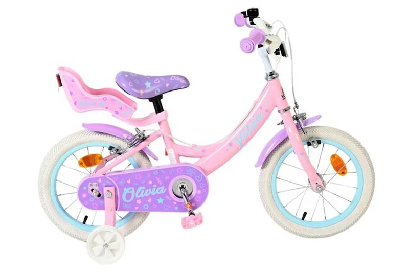 Volare Olivia Kinderfahrrad 14 Zoll Rosa für Mädchen – zwei Handbremsen, Puppensitz, abnehmbare Stützräder, luftbereift
