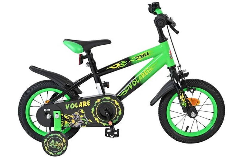 Volare Strike 12 Zoll Kinderfahrrad für Jungen – Schwarz-Grün, Rücktritt- und Handbremse, höhenverstellbar