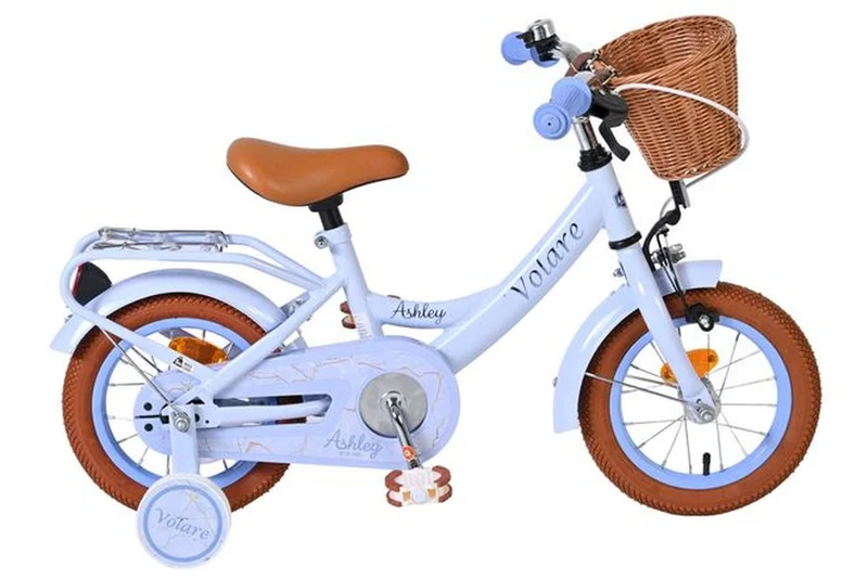 Volare Ashley Kinderfahrrad – Mädchen – 12 Zoll – Pastellblau mit abnehmbaren Stützrädern, Frontkorb und Gepäckträger