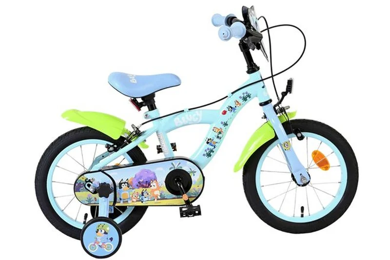Volare Bluey Kinderfahrrad 14 Zoll Hellblau mit zwei Handbremsen, Luftreifen und abnehmbaren Stützrädern